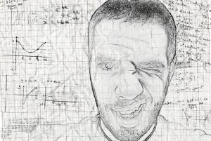 Rechenformeln und Analyse auf Karopapier mit skizziertem Gesicht